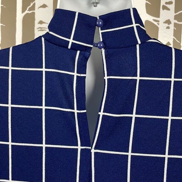 Navy & White Window Pane Plaid Stretch Fit & Flare Mock Neck Dress sz S - Picture 6 of 7
